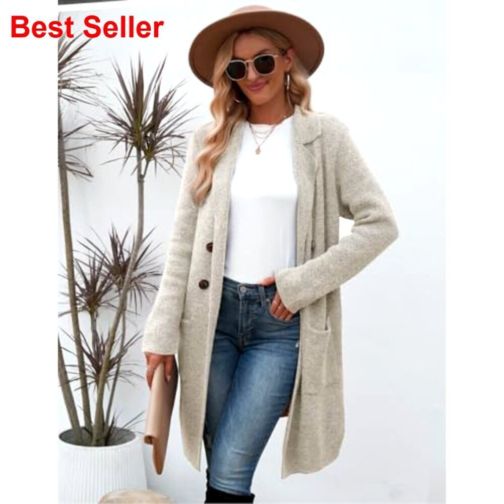 Long Knit Cardigan Sweater Jacket with Pockets, Notch Lapels, Chunky Fabric - Picture 5 of 7